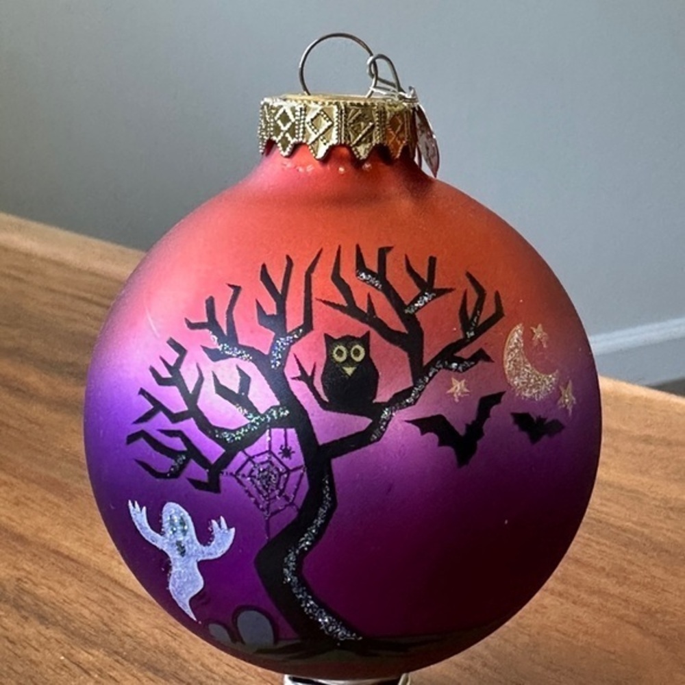 Bronners Hungary hand painted glass Halloween Gradient Ornament wOwl and Ghost - Picture 1 of 5